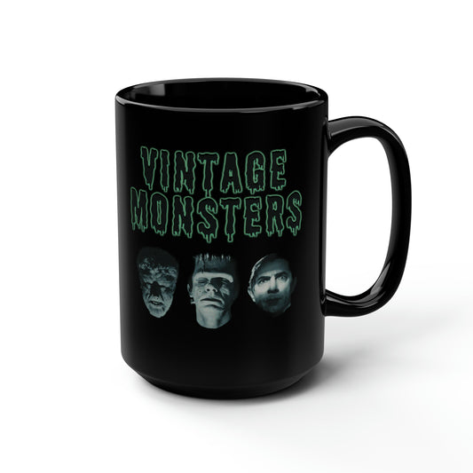 Vintage Monsters Black Mug, Large 15oz, Dracula Wolf Man Frankenstein