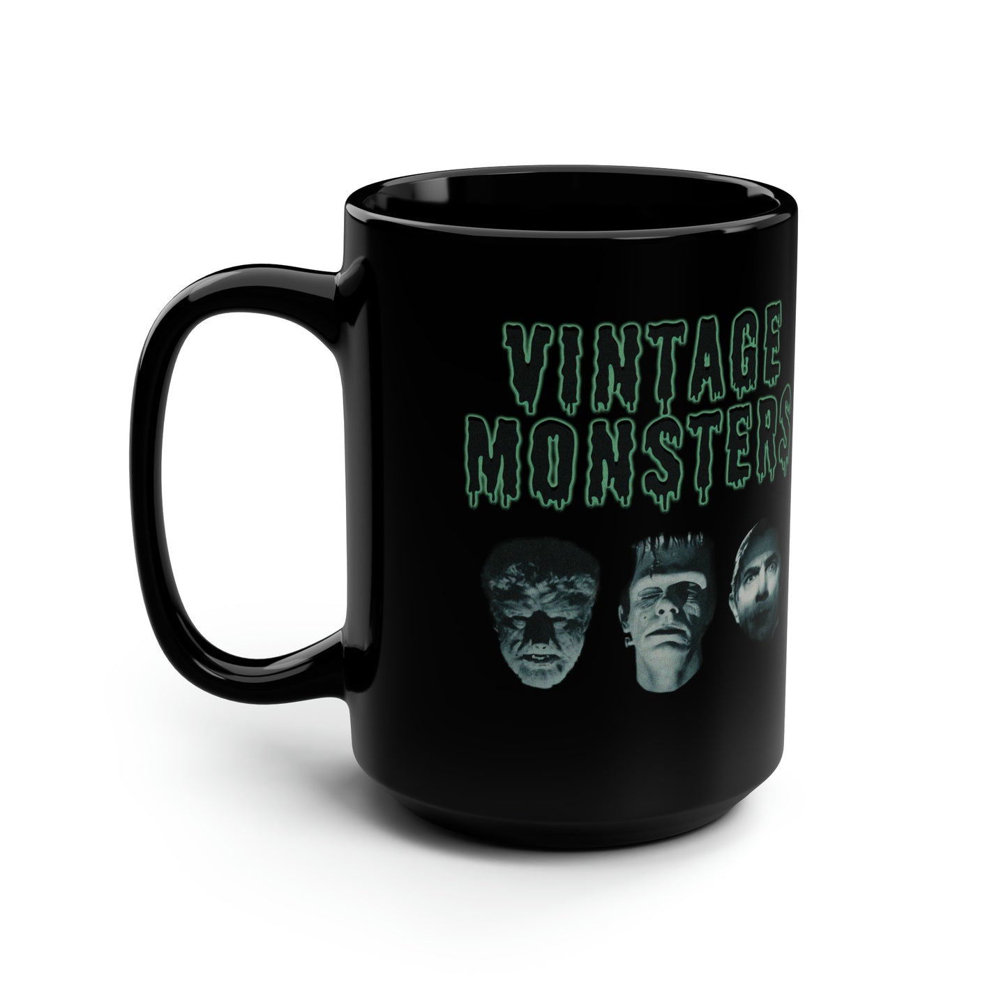 Vintage Monsters Black Mug, Large 15oz, Dracula Wolf Man Frankenstein