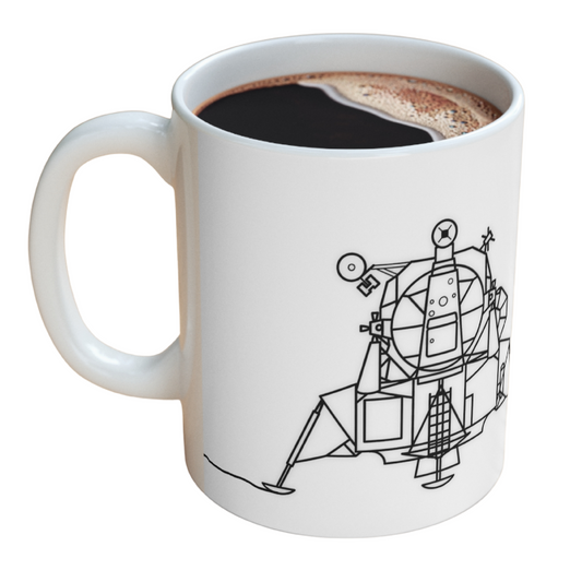 Apollo 11 Lunar Lander Ceramic Mug 11oz, wire frame rendering of the Moon Lander Vehicle used by NASA Coffee Cup