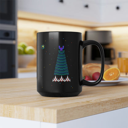 Galaga video game classic arcade game 15oz Black Coffee Mug, Galaga fleet, starry background, Gen Z, 1980's arcade gamer Fathers Day gift