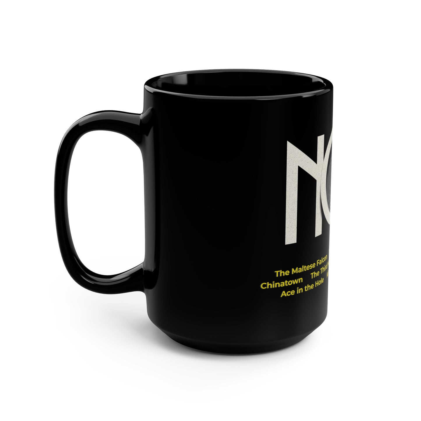 Black Mug, Film NOIR cinema movie tribute, 15oz Black Coffee Mug, Noir movie buffs fans of classic film genre, edgy and mysterious vibe