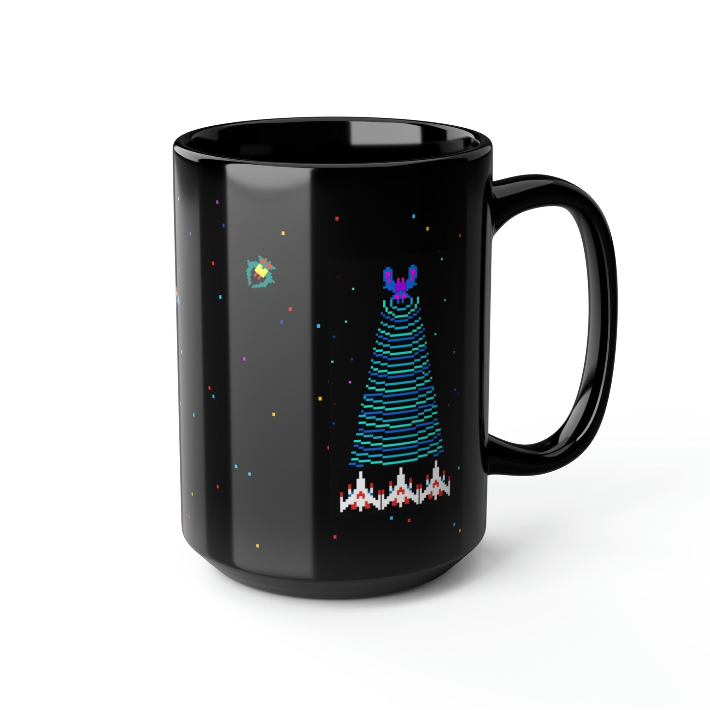 Galaga video game classic arcade game 15oz Black Coffee Mug, Galaga fleet, starry background, Gen Z, 1980's arcade gamer Fathers Day gift