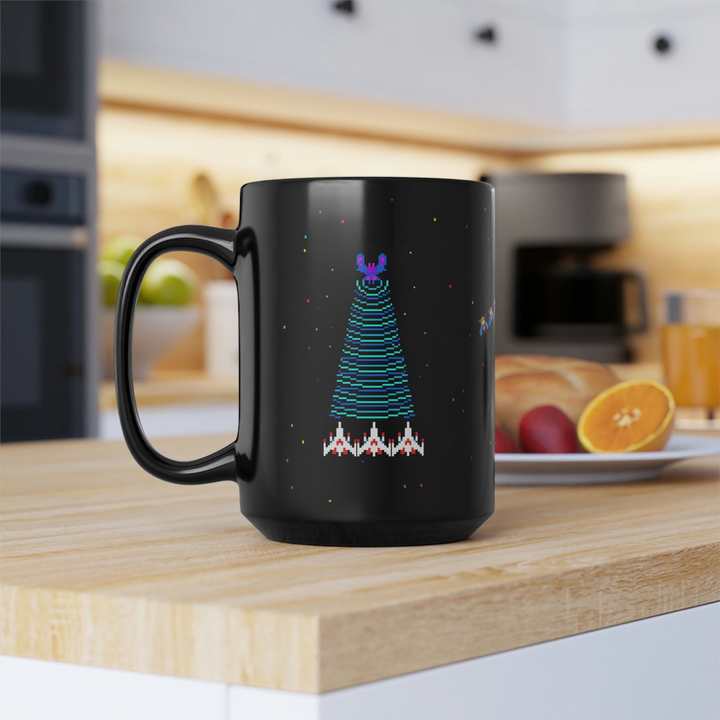 Galaga video game classic arcade game 15oz Black Coffee Mug, Galaga fleet, starry background, Gen Z, 1980's arcade gamer Fathers Day gift