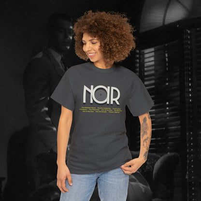 Film NOIR cinema movie tribute t shirt,  Unisex Heavy Cotton Tee, t-shirt movie buffs fans of classic film genre, edgy and mysterious vibe