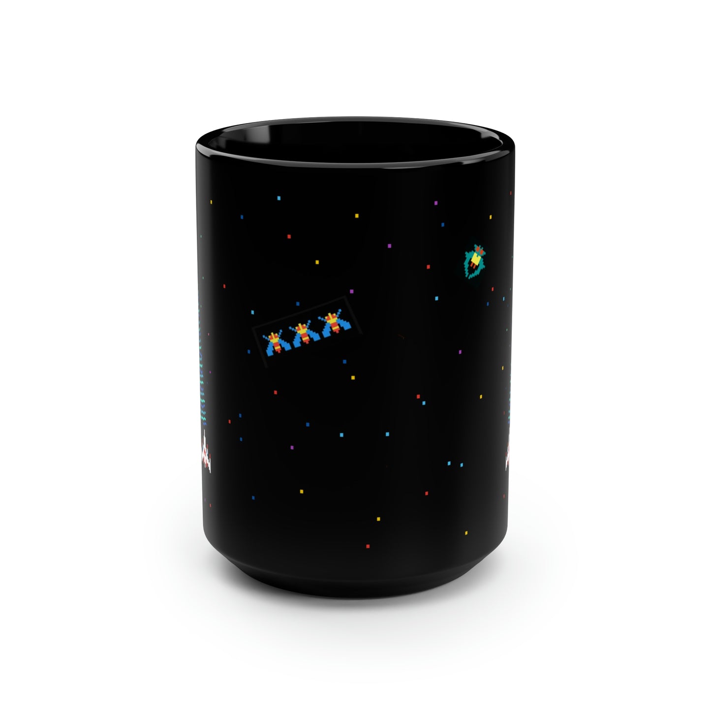 Galaga video game classic arcade game 15oz Black Coffee Mug, Galaga fleet, starry background, Gen Z, 1980's arcade gamer Fathers Day gift