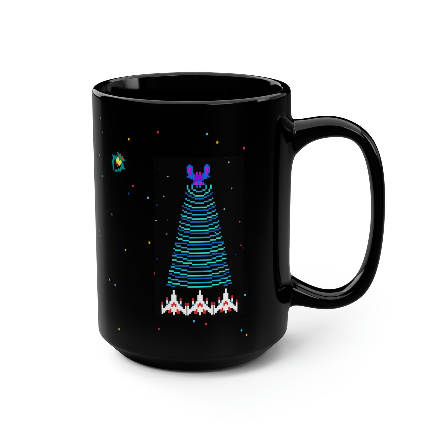 Galaga video game classic arcade game 15oz Black Coffee Mug, Galaga fleet, starry background, Gen Z, 1980's arcade gamer Fathers Day gift