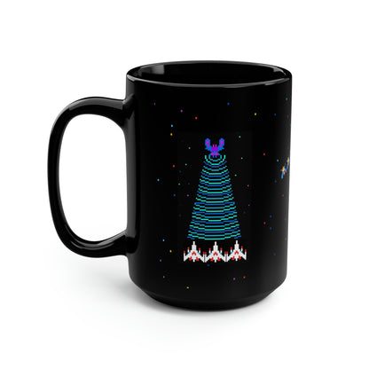 Galaga video game classic arcade game 15oz Black Coffee Mug, Galaga fleet, starry background, Gen Z, 1980's arcade gamer Fathers Day gift