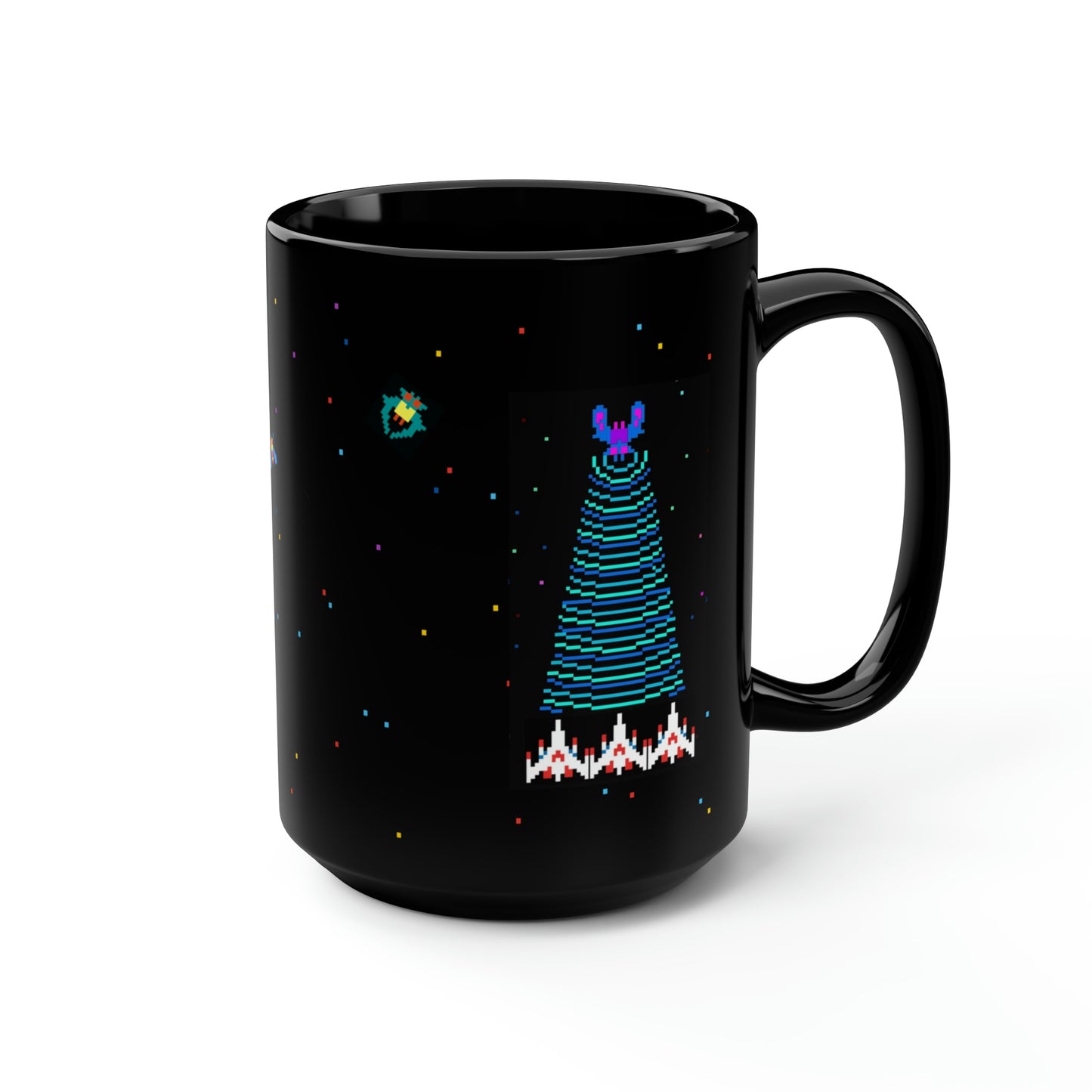 Galaga video game classic arcade game 15oz Black Coffee Mug, Galaga fleet, starry background, Gen Z, 1980's arcade gamer Fathers Day gift