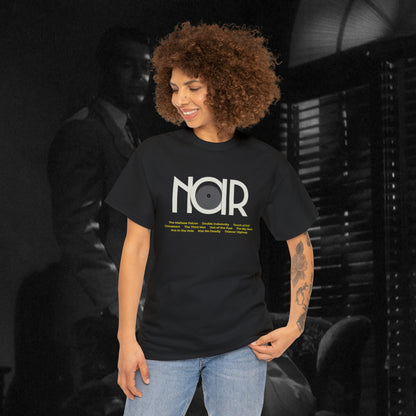 Film NOIR cinema movie tribute t shirt,  Unisex Heavy Cotton Tee, t-shirt movie buffs fans of classic film genre, edgy and mysterious vibe